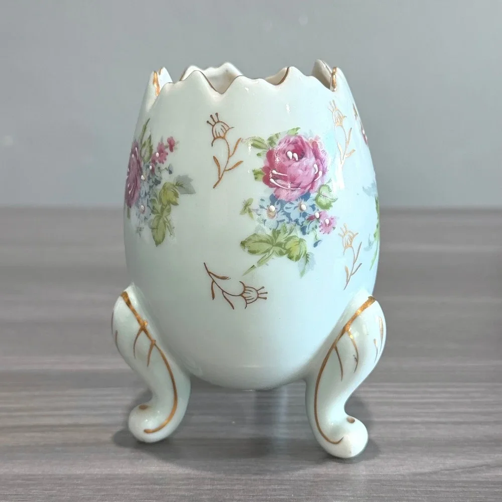 Vtg NAPCO National Potteries Footed Egg Planter Rose Floral Porcelain Vase Japan